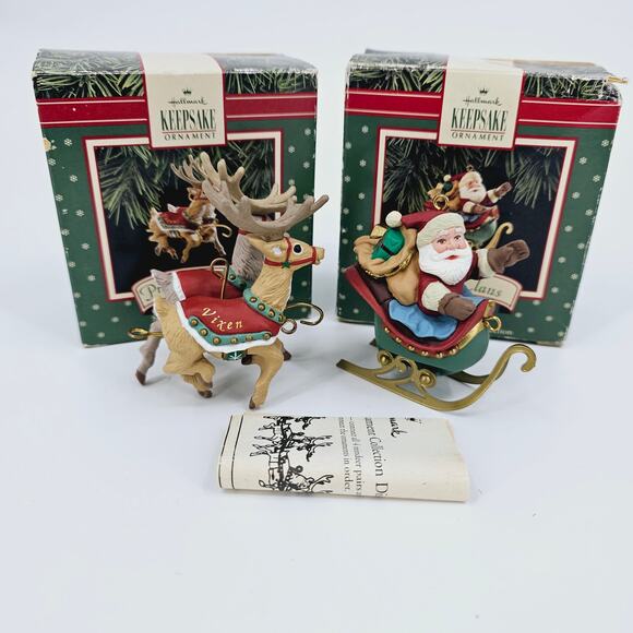 Lot of 2 Vintage 90s Hallmark Keepsake Ornaments Santa Claus & Prancer & Vixen - Picture 1 of 14